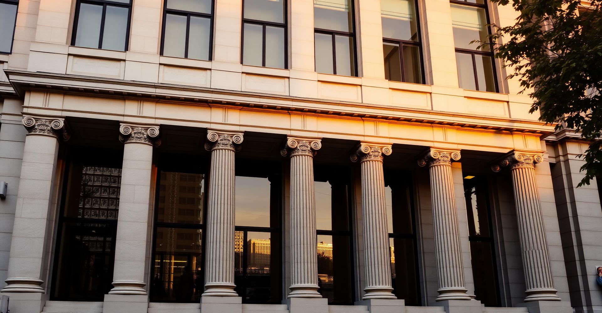 Neoclassical investment bank facade at golden hour