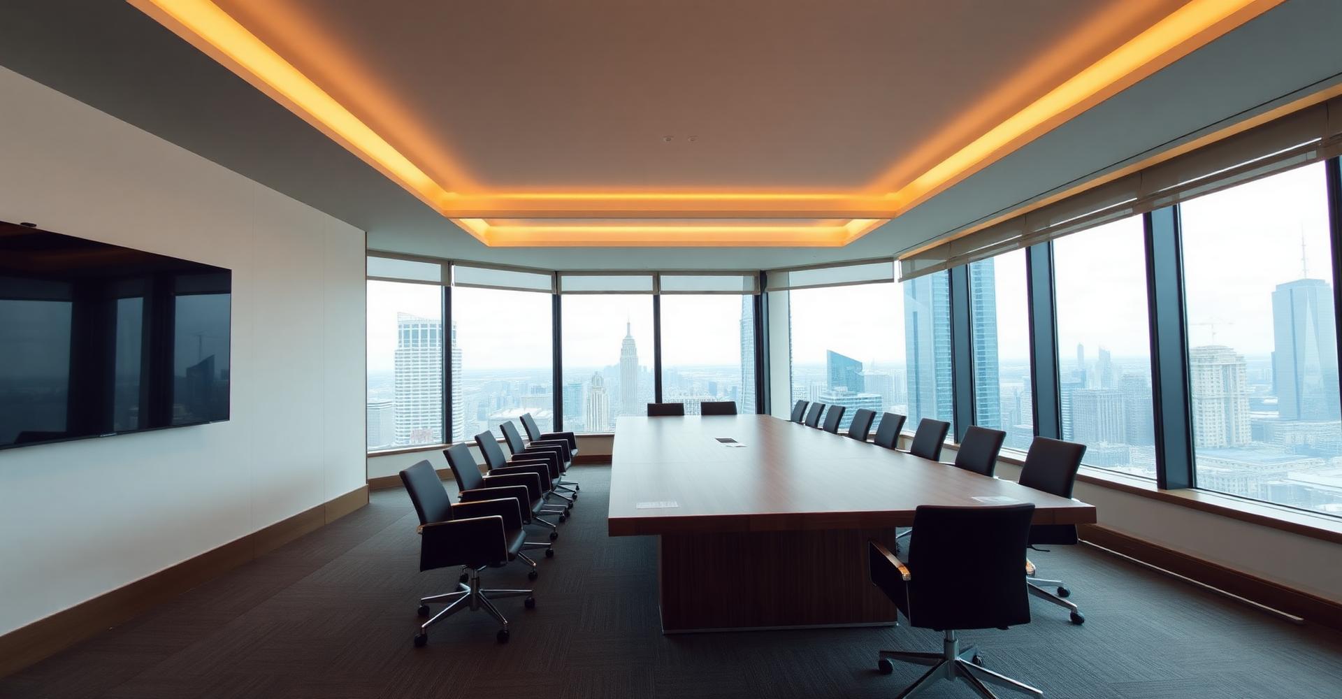 Boardroom overlooking city skyline