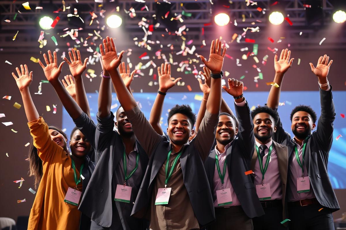 Team celebrating on stage